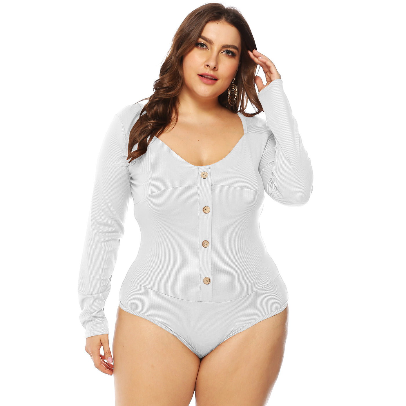 Plus Size Women Long Sleeve Deep U Backless Button Jumpsuit Deep V Plunge Plunge Casual All-Match Bottoming Shirt