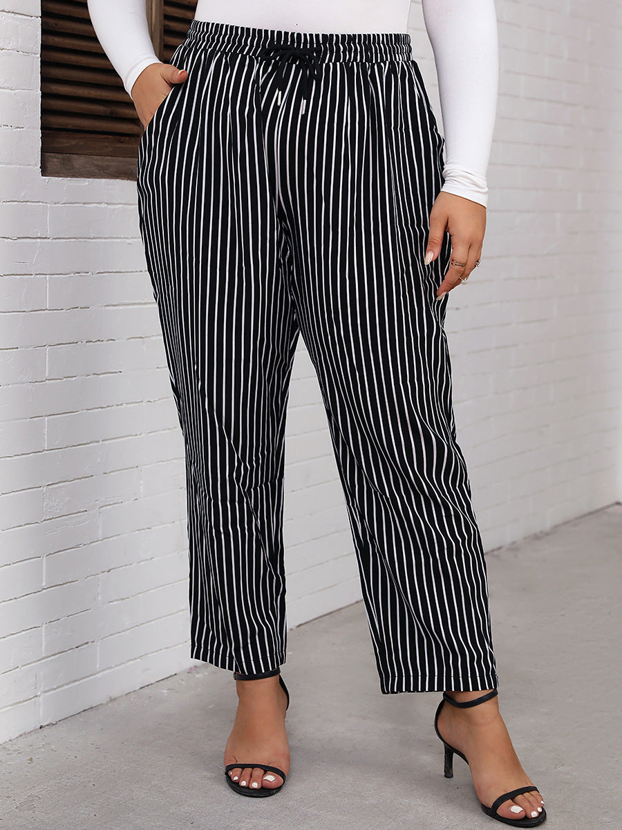 Plus Size Women Black White Striped Slim Fit Slimming Straight Casual Pants