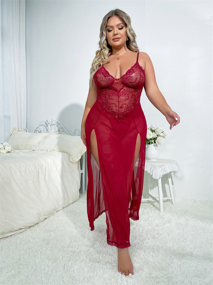 Plus Size Sexy Deep V Plunge Mesh Camisole Nightdress Solid Color Backless Sexy Sleepwear Suit