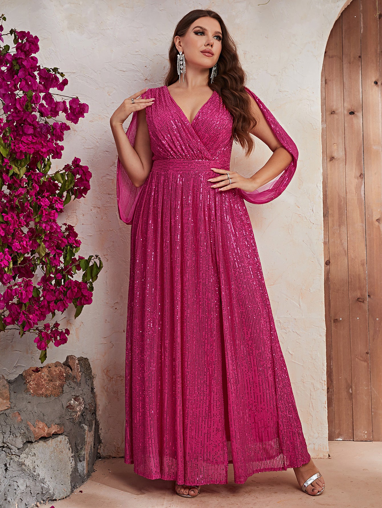 Plus Size Rose Red Dress Sequin V neck Cocktail Light Luxury Evening Maxi Dress