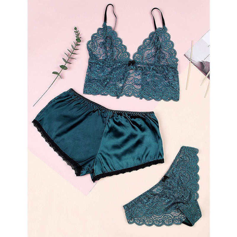 Plus Size Sexy Home Underwear Sexy Thin Lace Bra Panties Three-Piece Suit Shorts