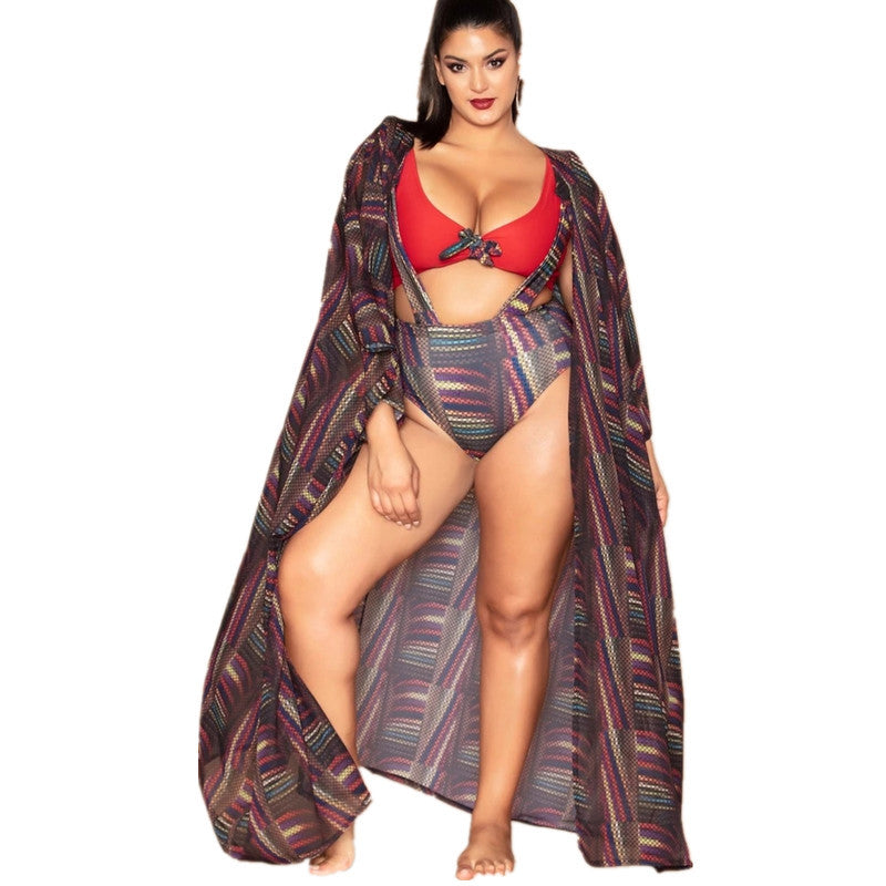 Plus Size Split Swimsuit Printed High Waist Strap Swimsuit Beach Bikini Jacket Overclothes