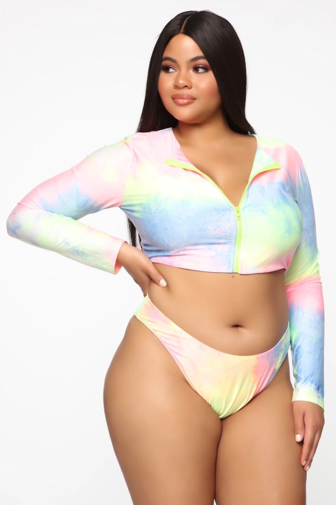 Plus Size Bikini Long Sleeve Zipper Swimsuit  Colorful Sexy  Swimsuit