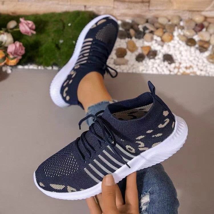 Breathable Leopard Mesh Lace Up Sneakers