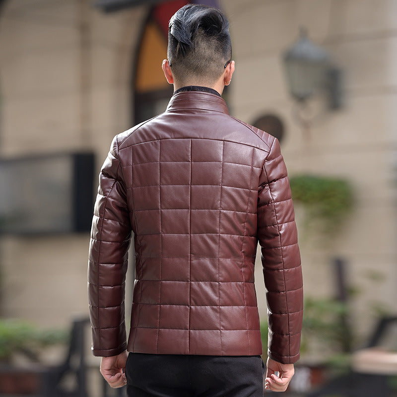 Winter new Haining leather down jacket men's short water fur collar skin jacket Korean version of the slim locomotive outside