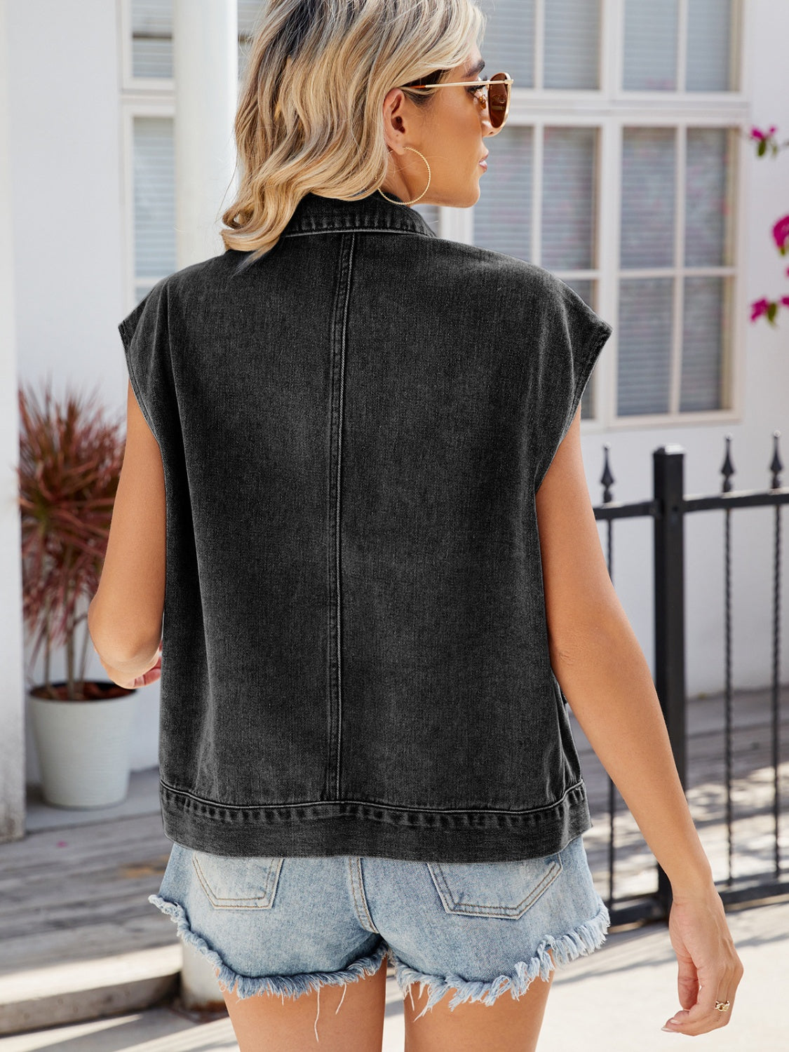 Pocketed Button Up Sleeveless Denim Jacket