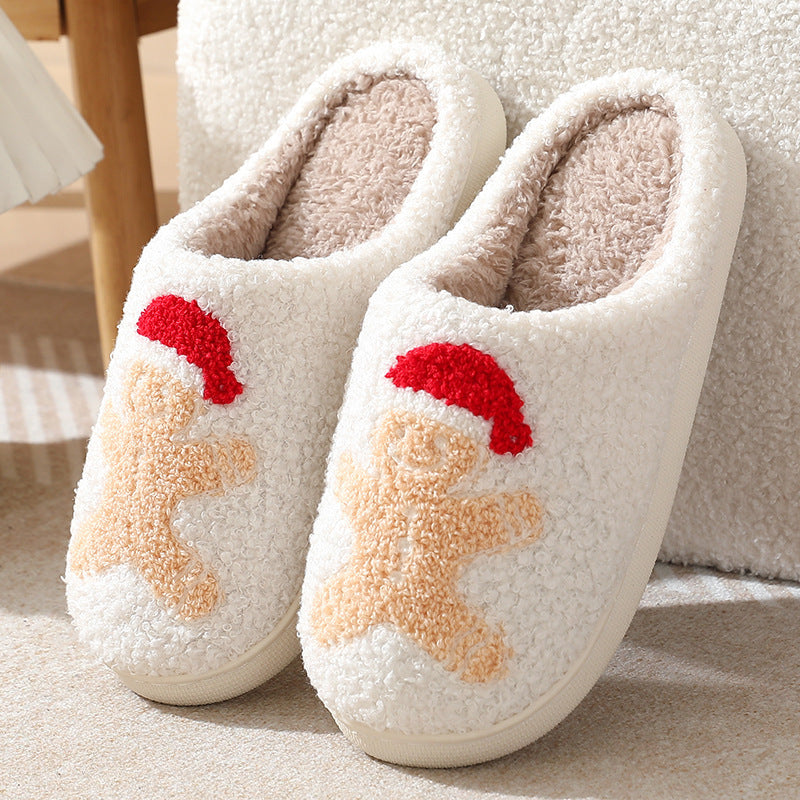 Gingerbread Man Pattern Cotton Slippers Indoor Home Plush Warm Slippers