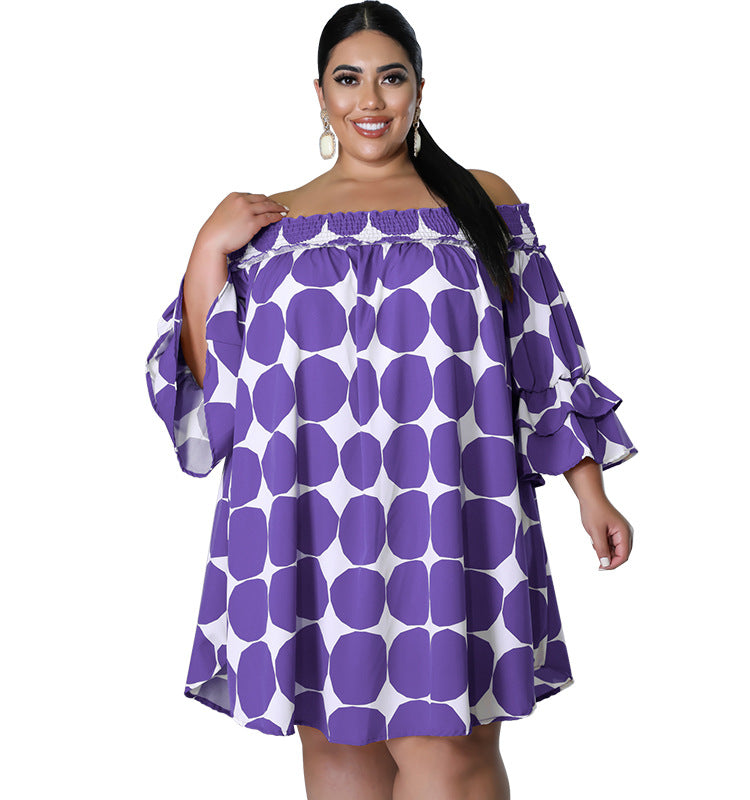 Plus Size Women Clothes Short Sleeve off Neck Elastic Printed Polka Dot Dress