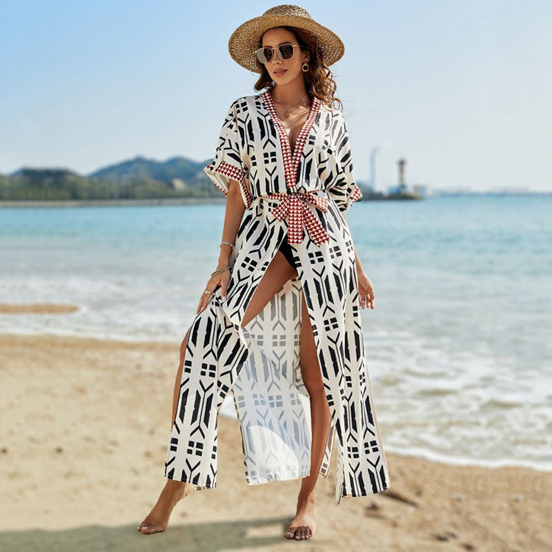 Elastic Printing Beach Cover-up Sexy Cardigan Vacation Sun Protection Beach Cover Up