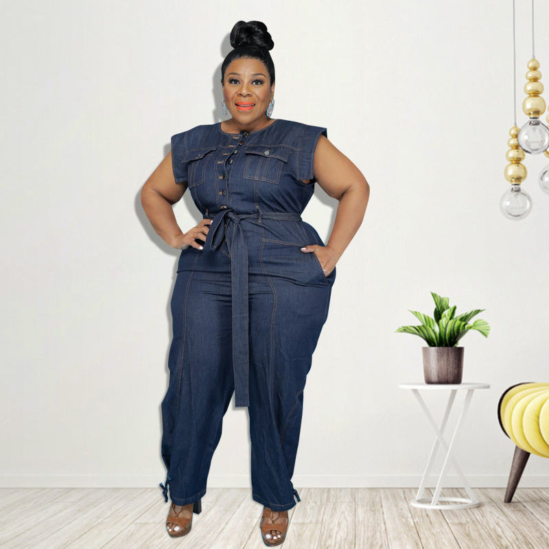 Plus Size Plus Size Women Clothing Summer Washed Denim Casual Jumpsuit