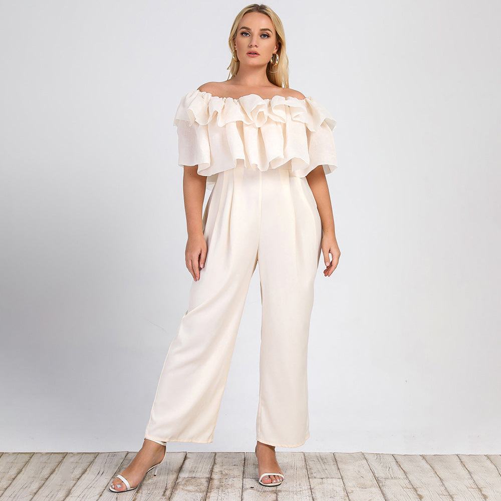 Plus Size Women  Clothing Summer New Lotus Edge off-Shoulder Solid Straight-Leg Office Casual Pants Jumpsuit