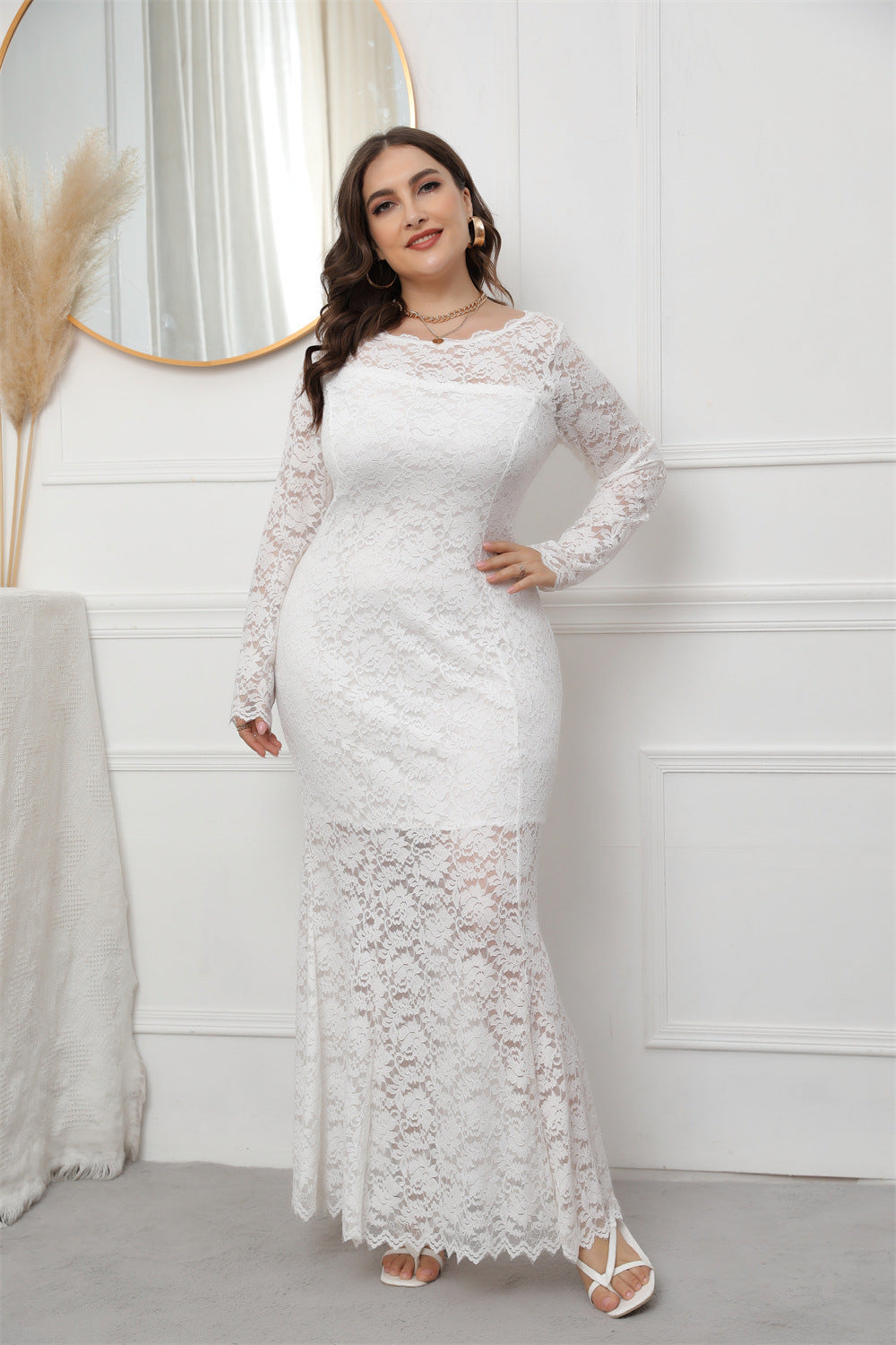 Plus Size Women Clothing Hollow Out Cutout Lace Fishtail Dress Evening Maxi Dress