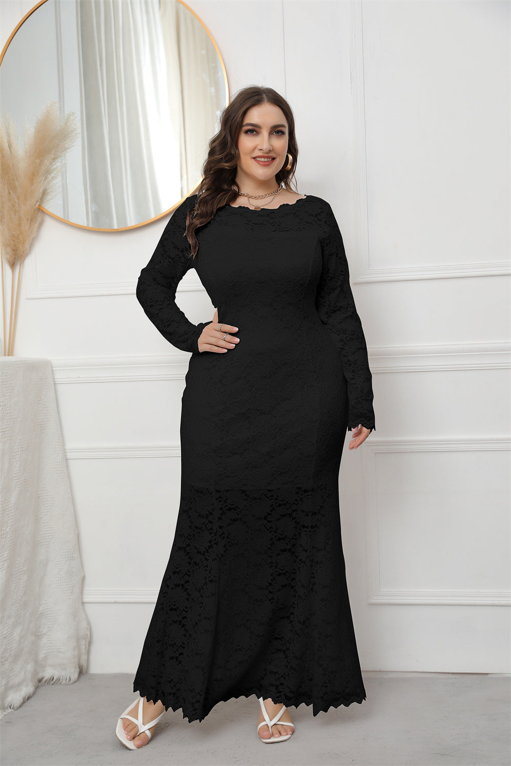 Plus Size Women Clothing Hollow Out Cutout Lace Fishtail Dress Evening Maxi Dress