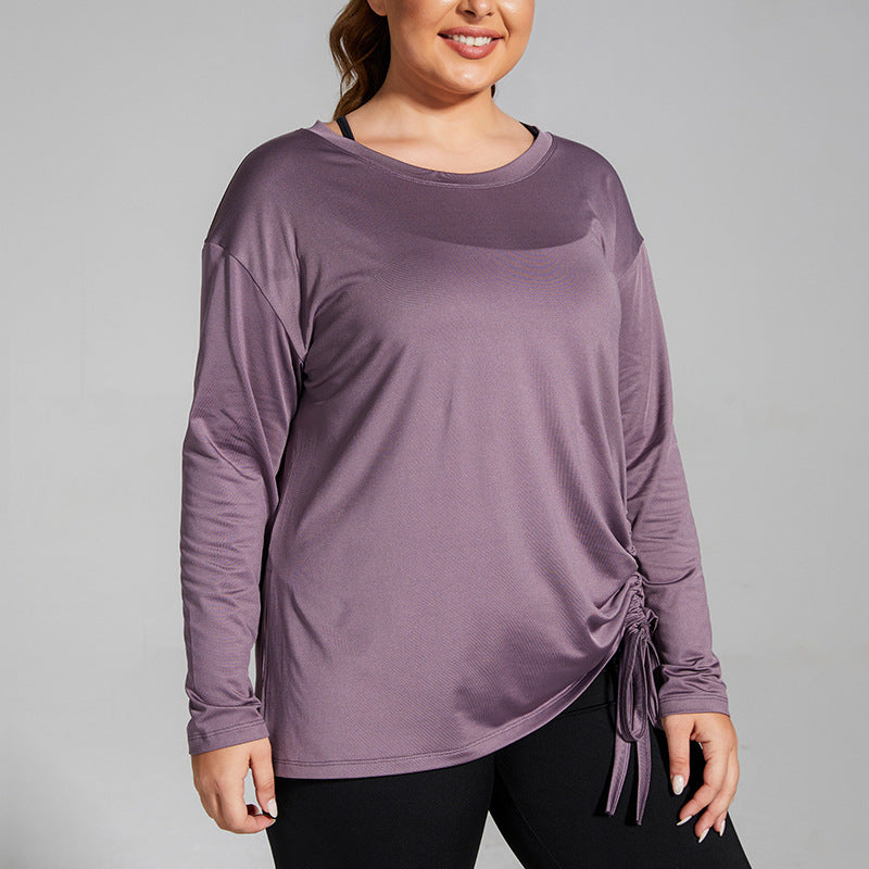 Plus Size Loose Running Fitness Clothes Cutout Blouse T shirt Long Sleeve Yoga Clothes Drawstring Quick Drying Exercise Top Ladies