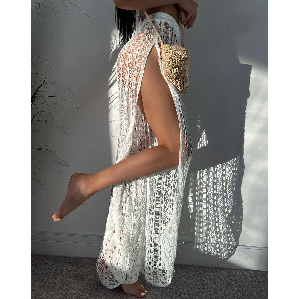 Vacation Sexy See through Mesh Hollow Out Split Strap Knitted Mop Beach Pants Women