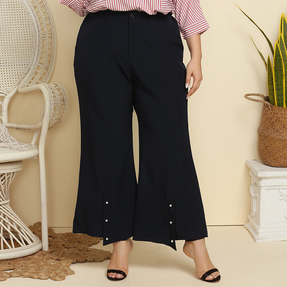 Plus Size Spring Autumn  Women Clothing Beaded Casual Wide-Leg Pants Pocket Solid Color Trousers