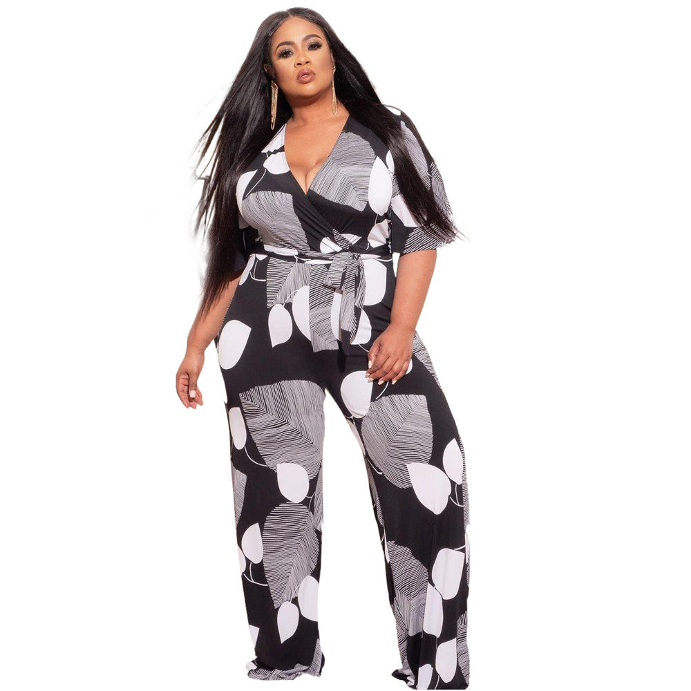 Plus Size Black White Printed Casual Office  Jumpsuit Suit