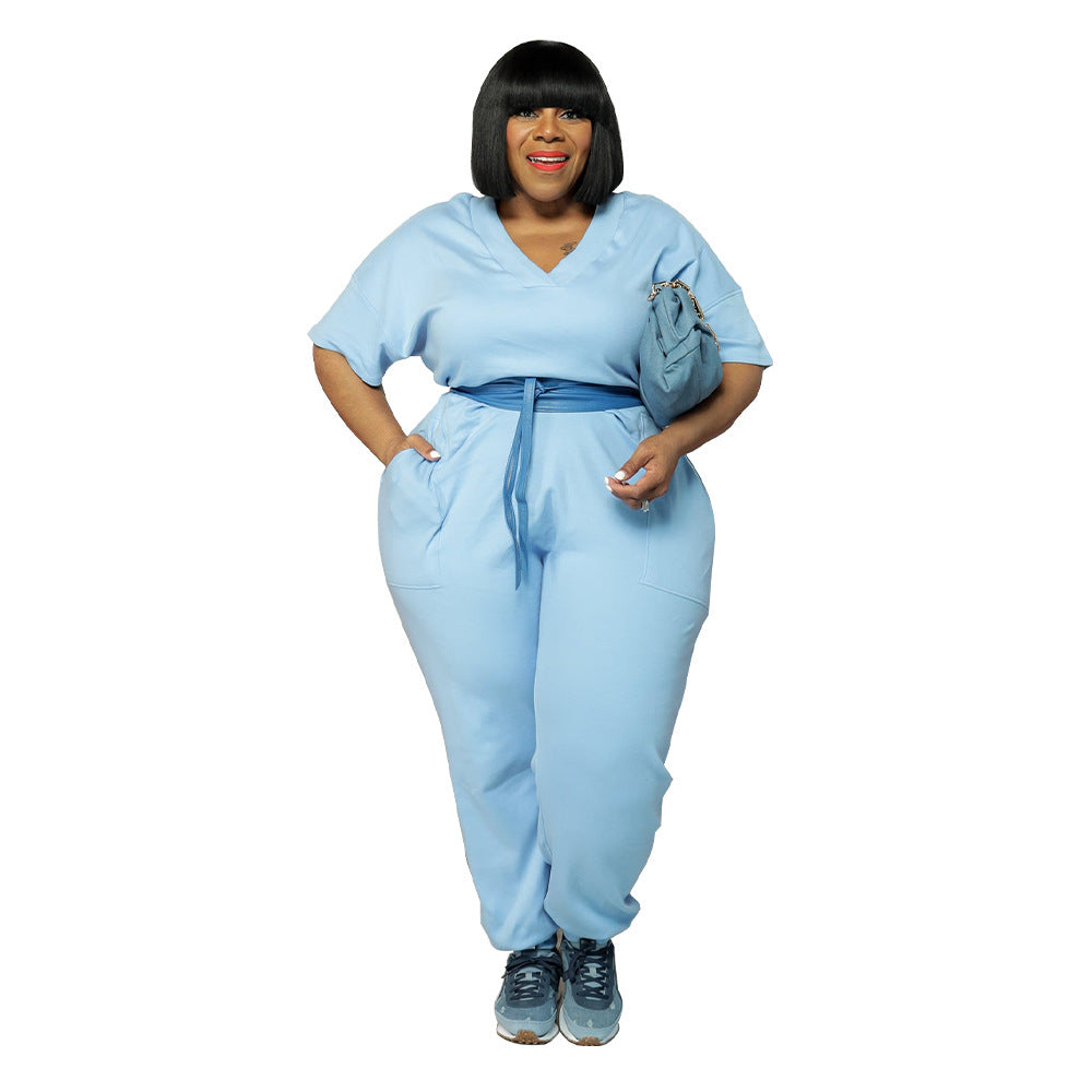 Plus Size Women Clothes Sports Pants  Casual Sweatpants V neck Jumpsuit