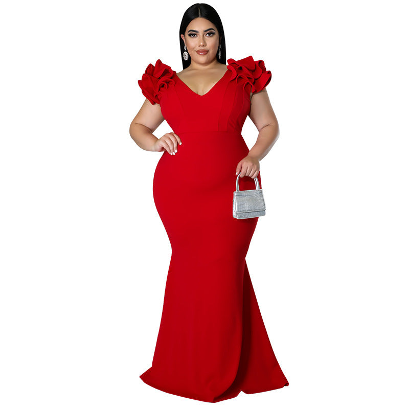 Plus Size Women Summer Sexy Ruffle Sleeve Sheath Backless Dress