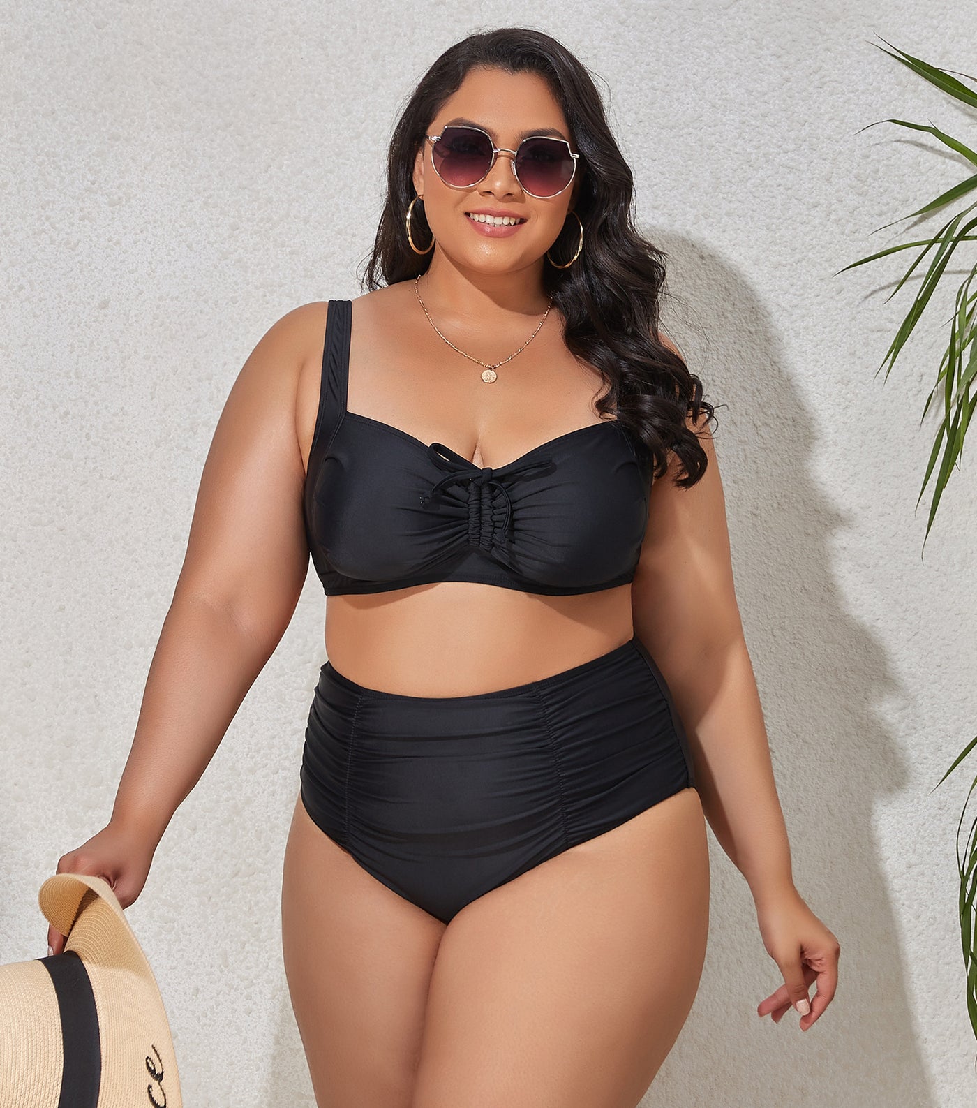 Plus Size Sexy  Split High Waist Solid Color Swimsuit for Women