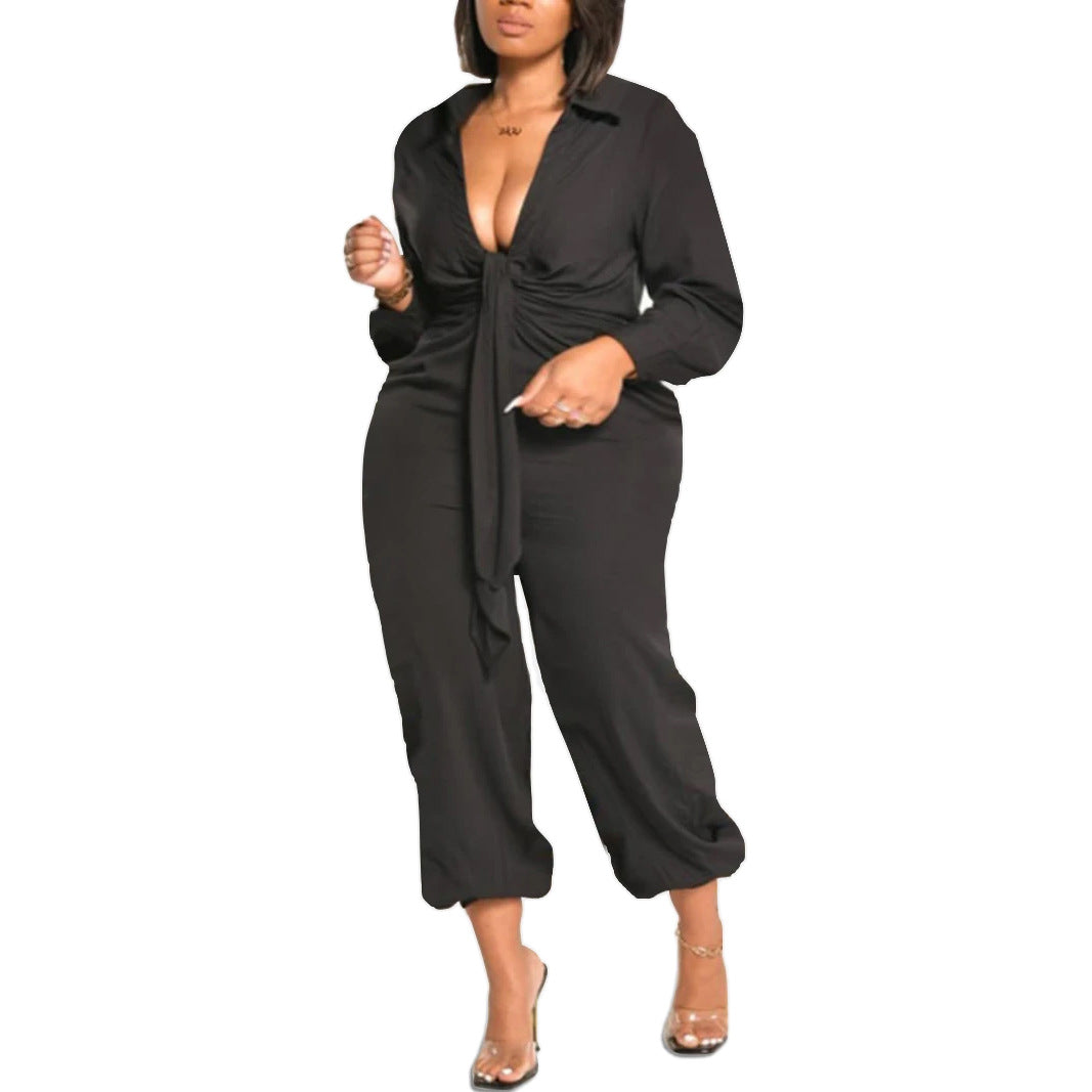 Plus Size Women Clothing Solid Color Casual Light Luxury V-neck Ankle-Tied Jumpsuit