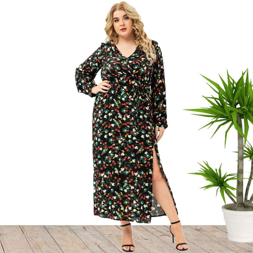 Plus Size Women Autumn Long Sleeve Floral Split Dress