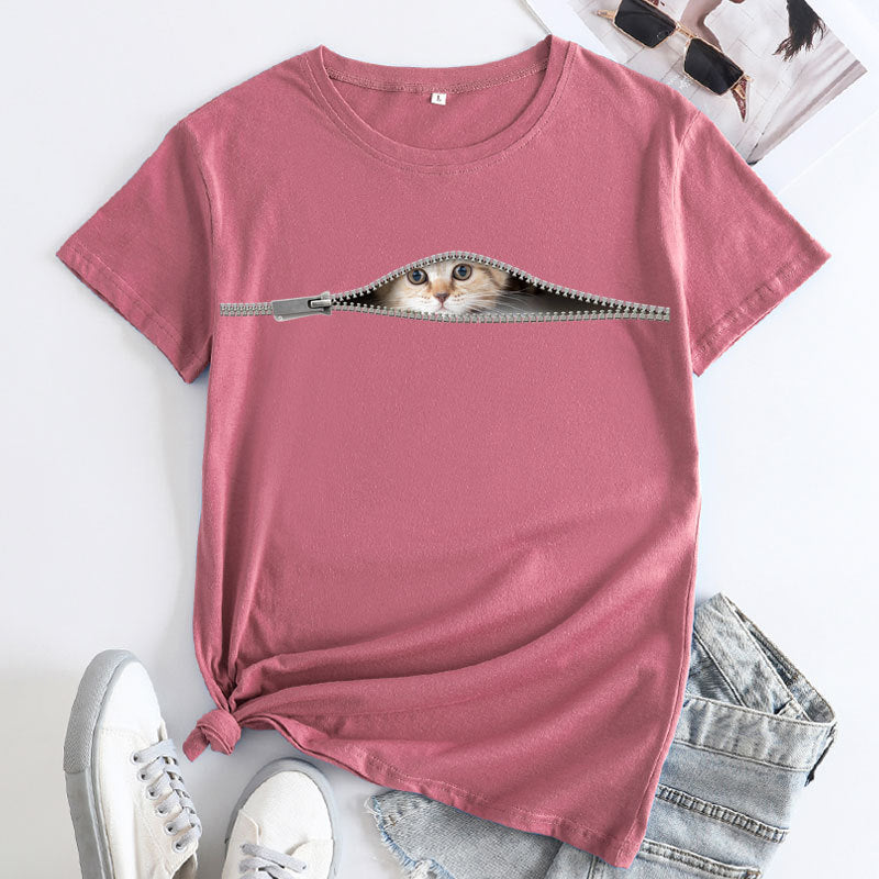 Cat Printing Cotton Round Neck Short Sleeve Women's T-shirt Tops
