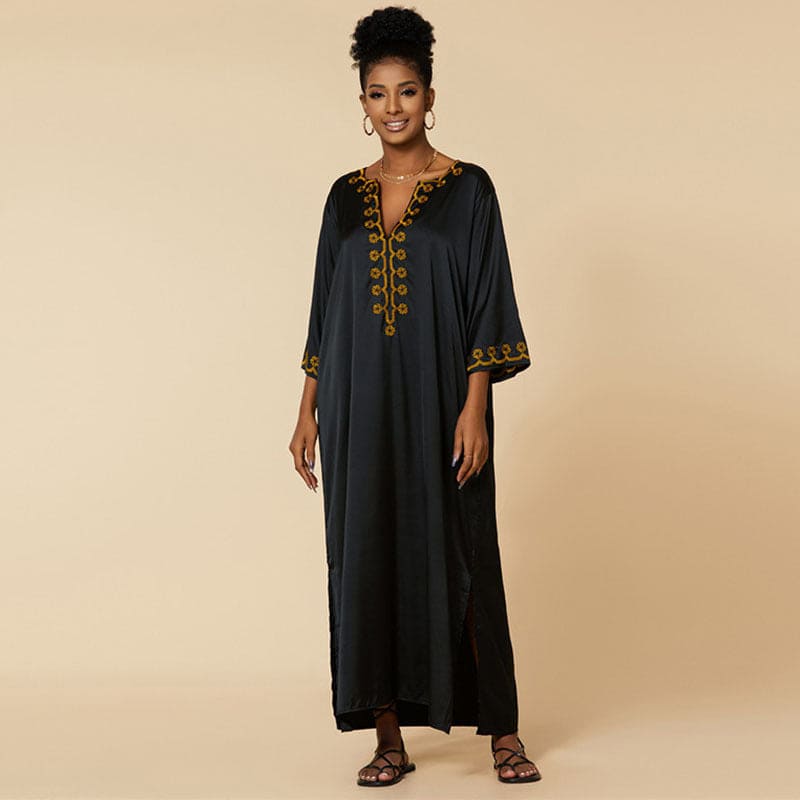 Artificial Silk Gold Thread Embroidered Beach Cover up Robe Vacation Sun Protection Shirt Beach Cover Up