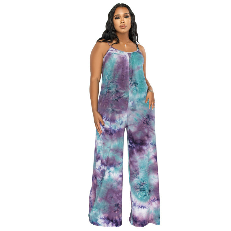 Plus Size New Tie-Dyed Printed Sling Casual Pants Straight Stylish Loose  Jumpsuit