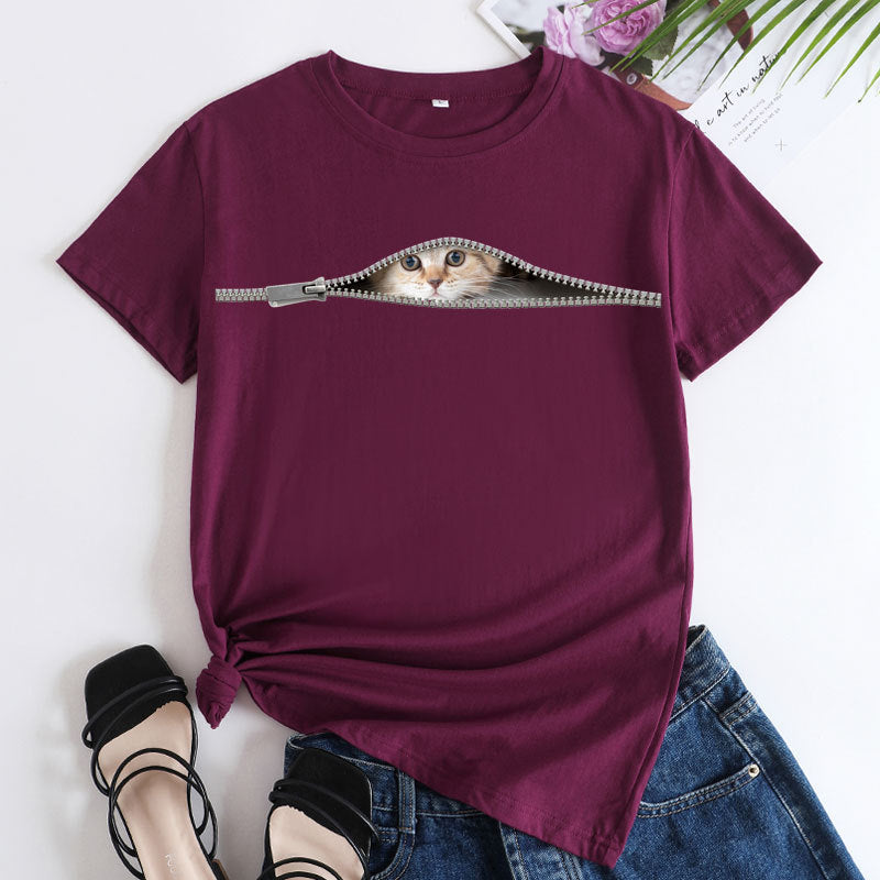 Cat Printing Cotton Round Neck Short Sleeve Women's T-shirt Tops