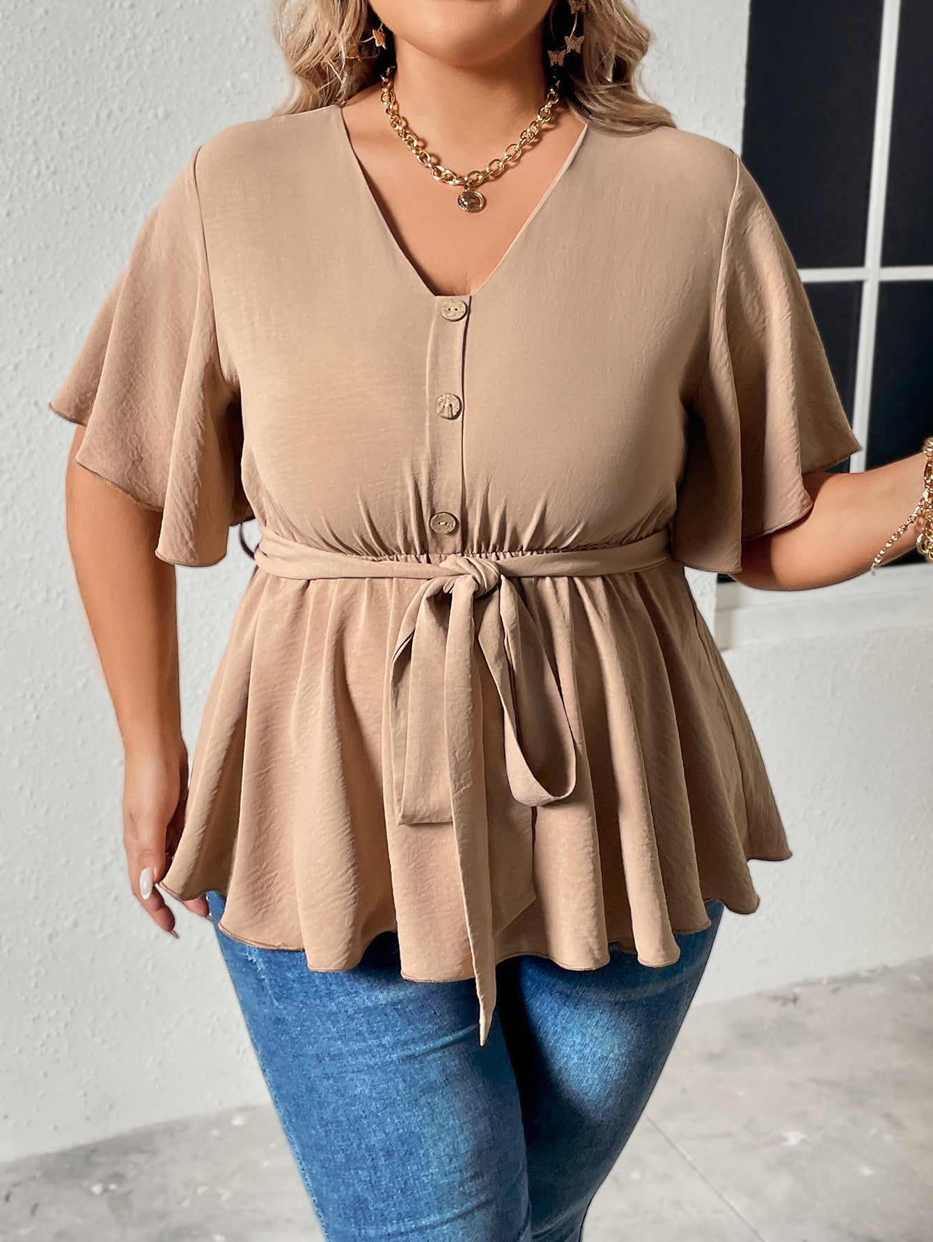 Plus Size Popular Summer V neck Slimming Casual Women Top