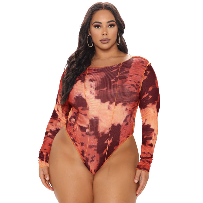 Plus Size Spring Women Clothing round Neck Print Long Sleeves Tight Breasted  Jumpsuit