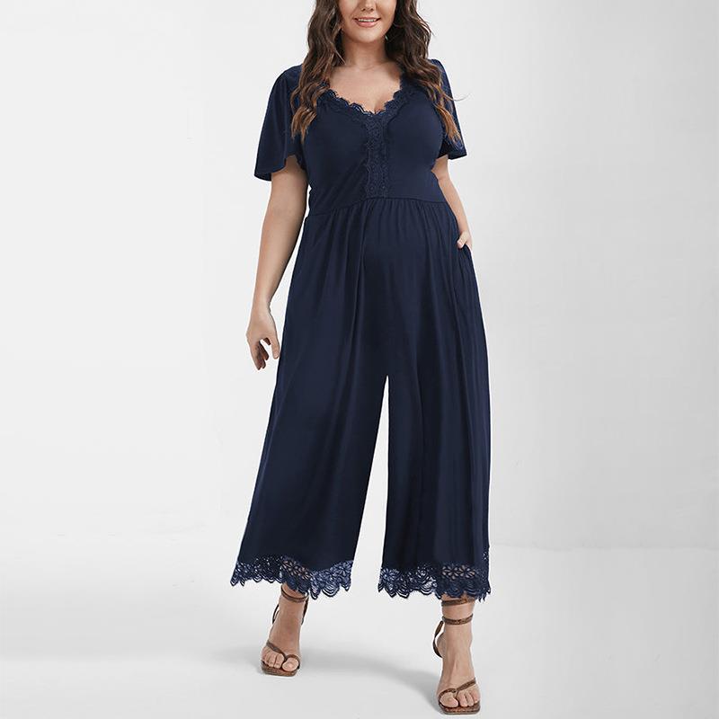 Plus Size  Spring Summer Elegant Women Knitted Lace Stitching Jumpsuit