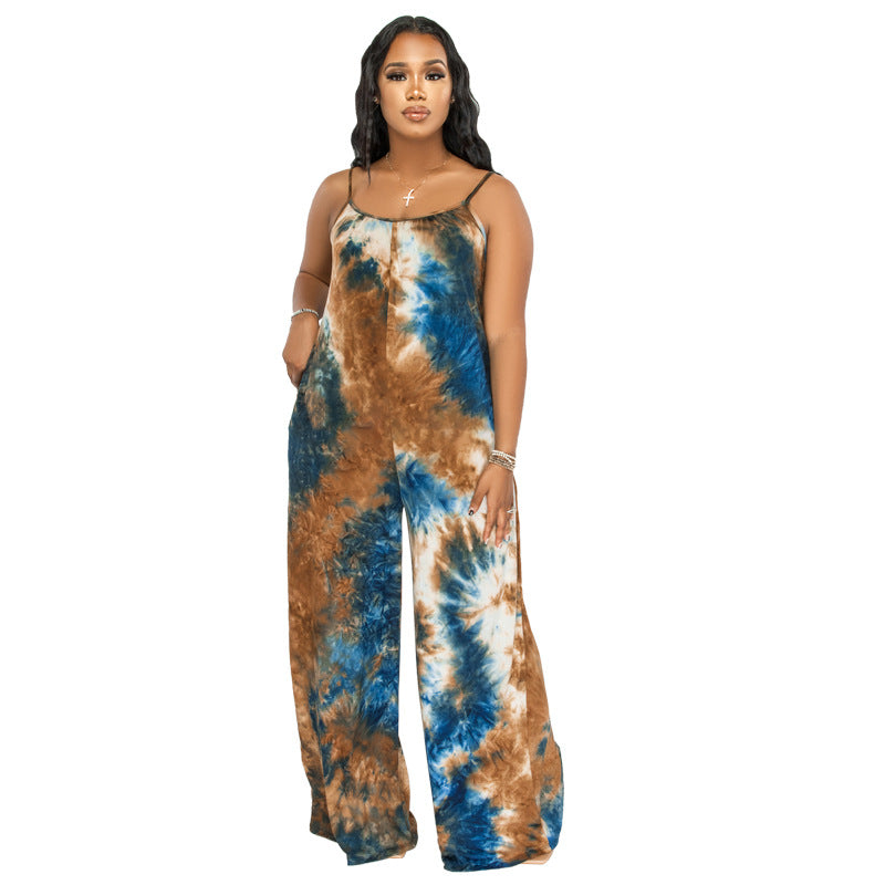 Plus Size New Tie-Dyed Printed Sling Casual Pants Straight Stylish Loose  Jumpsuit