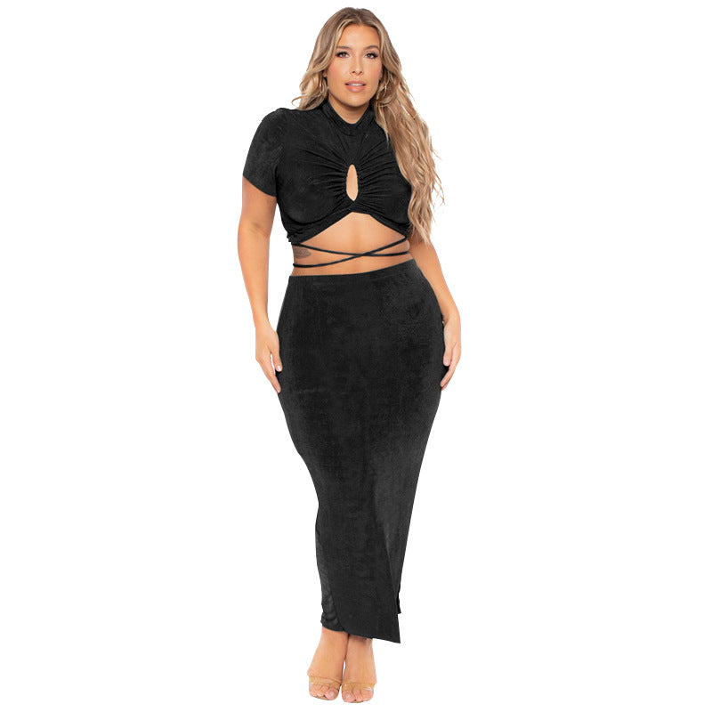 Plus Size Summer Solid Color Sexy Drawstring Hollow Out Cutout round Neck Short Sleeve Women Clothes Casual Bag Skirt Set