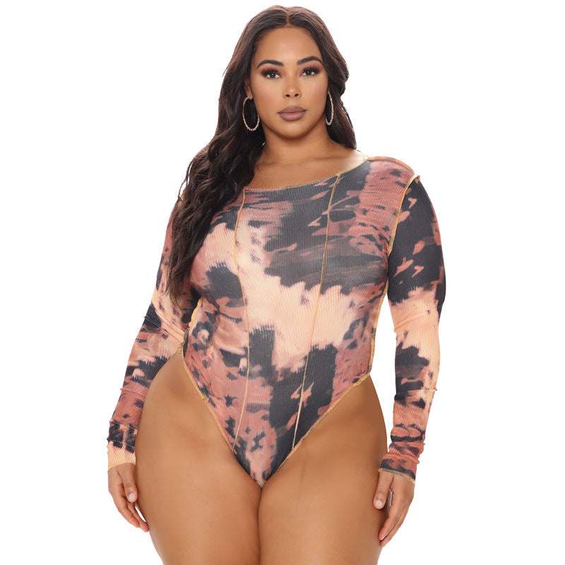 Plus Size Spring Women Clothing round Neck Print Long Sleeves Tight Breasted  Jumpsuit