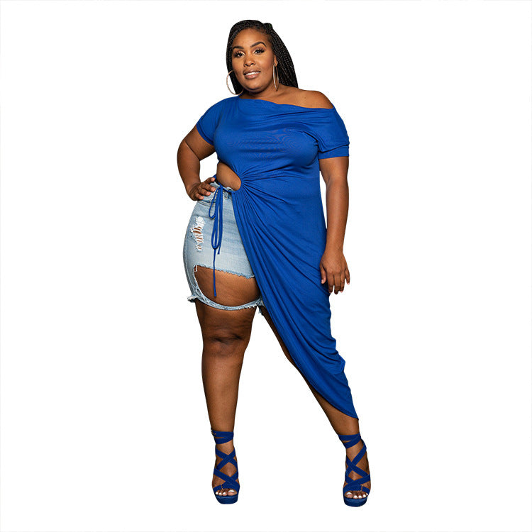Plus Size Casual off-Shoulder Hollow Out Cutout out Strap Short Sleeve
