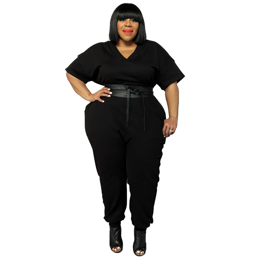 Plus Size Women Clothes Sports Pants  Casual Sweatpants V neck Jumpsuit