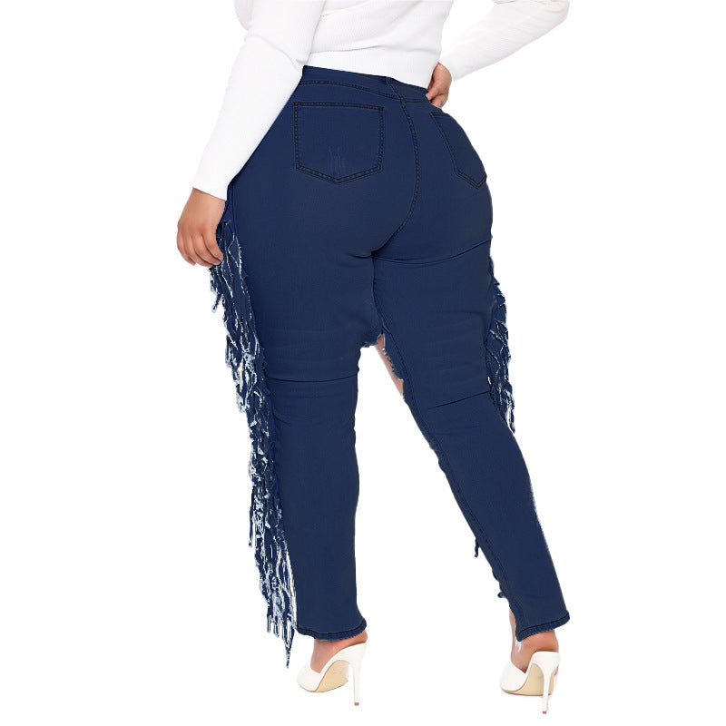 Plus Size Ripped Tassel Elastic Slim-Fitting Pencil Pants Jeans