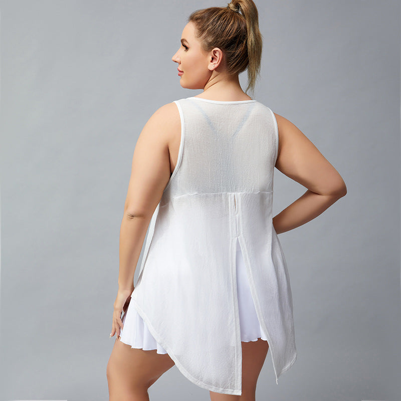 Plus Size Sports Vest Women Breathable Cotton Sleeveless T-shirt Printed Loose Tied Vest Blouse