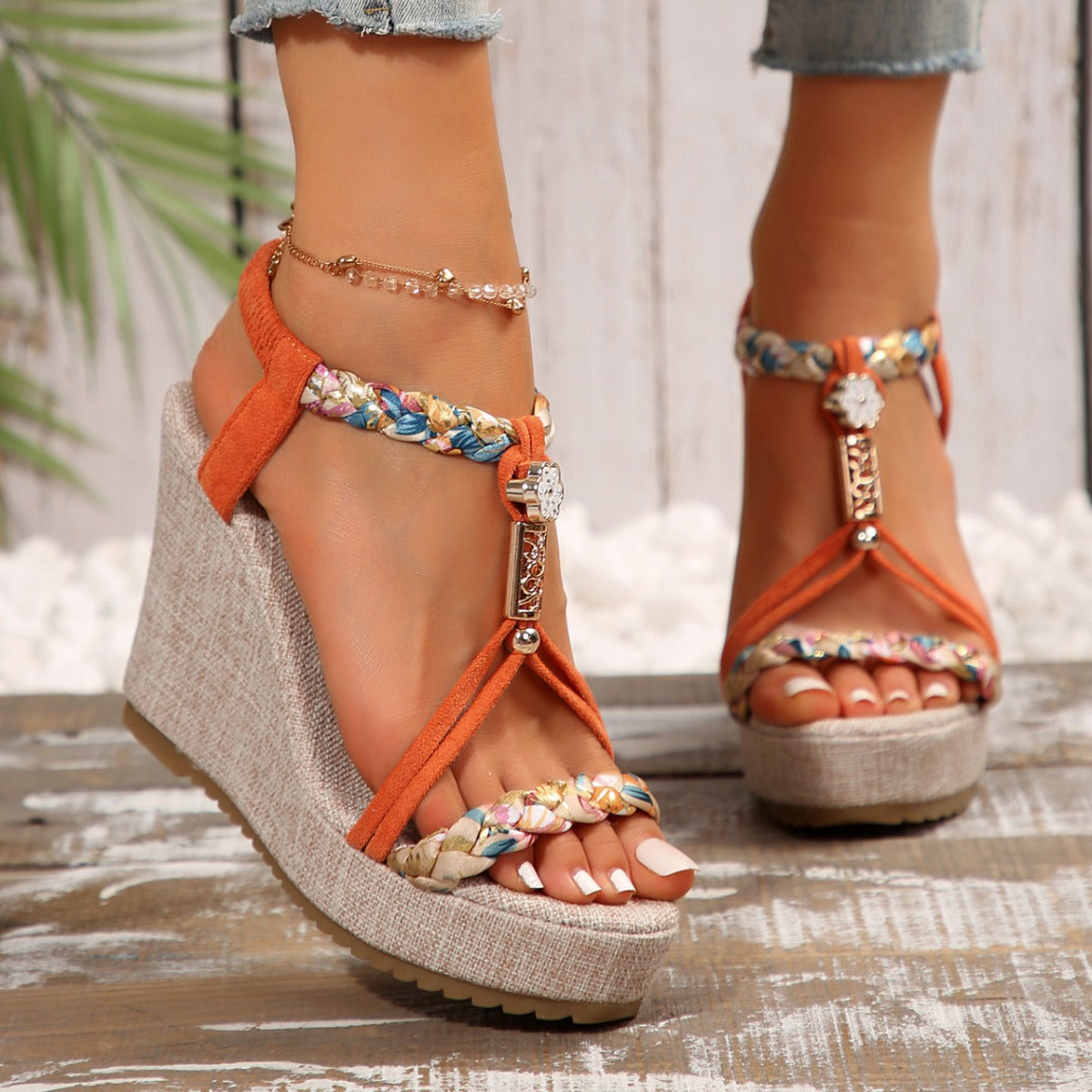 Braided Strap Wedge Sandals