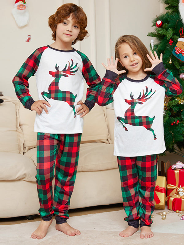 New Christmas parent-child cartoon elk plaid print Christmas pajamas set