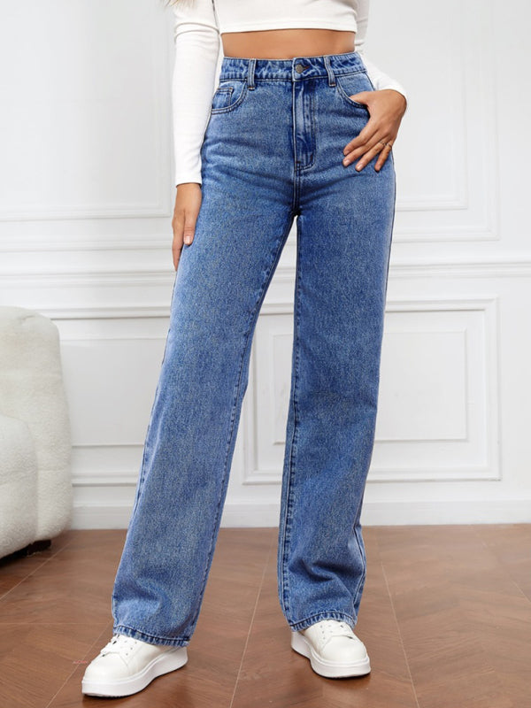 Women's High Waist Washed Straight Leg Jeans