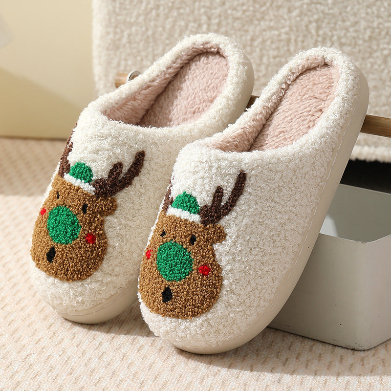 Christmas Cute Elk Pattern Cotton Slippers Indoor Home Plush Warm Slippers