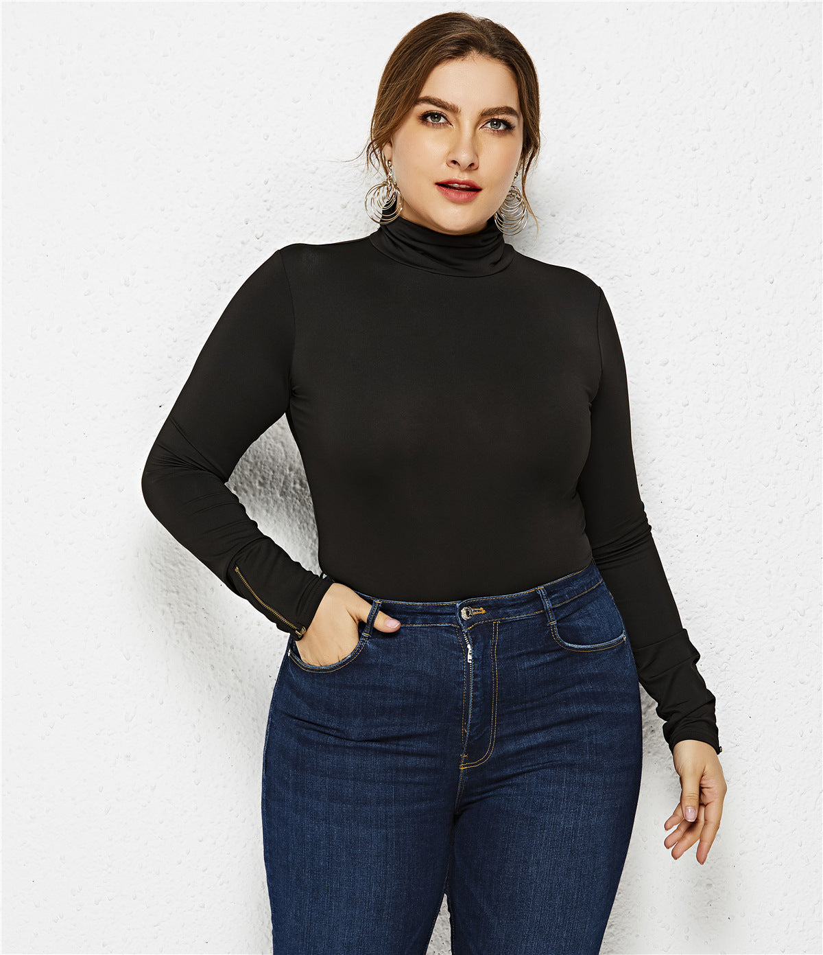 Plus Size Women Clothing Sexy Bottoming Shirt Solid Color Turtleneck Long Sleeve Triangle Tight Jumpsuit