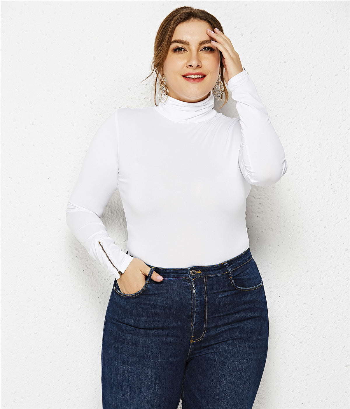 Plus Size Women Clothing Sexy Bottoming Shirt Solid Color Turtleneck Long Sleeve Triangle Tight Jumpsuit