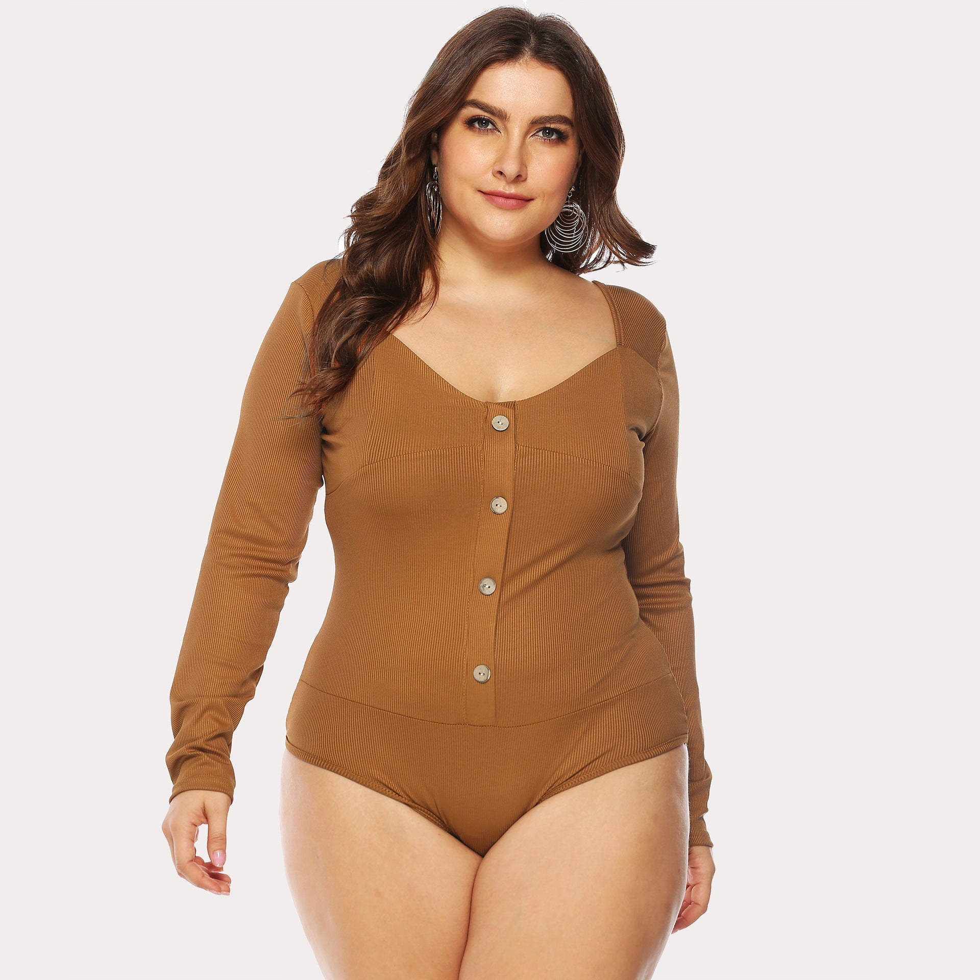 Plus Size Women Long Sleeve Deep U Backless Button Jumpsuit Deep V Plunge Plunge Casual All-Match Bottoming Shirt