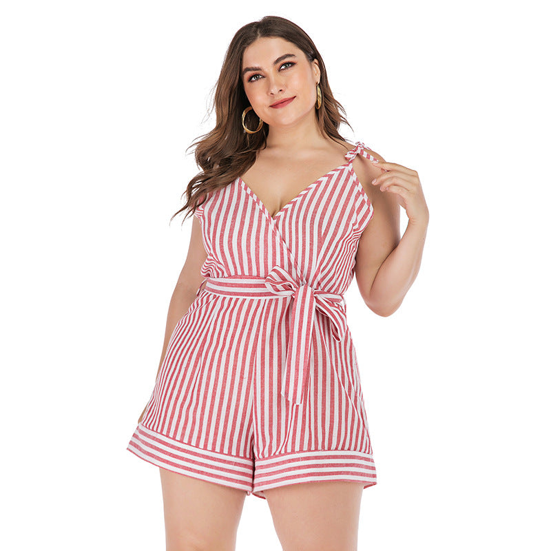 Plus Size Women Clothing Summer Fresh Sweet Jumpsuit Women Printed Red White Striped Spaghetti Straps Suit