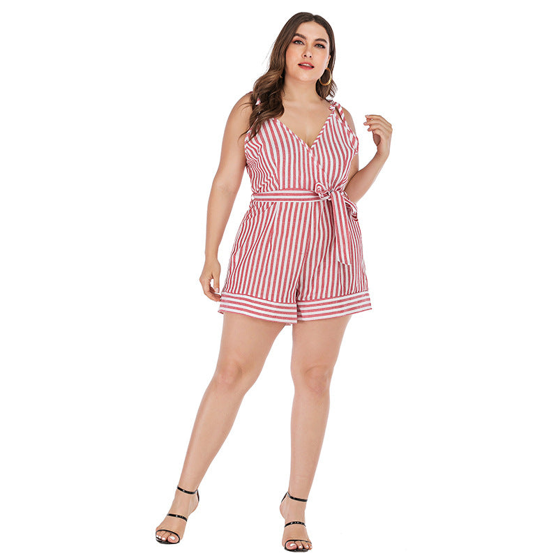 Plus Size Women Clothing Summer Fresh Sweet Jumpsuit Women Printed Red White Striped Spaghetti Straps Suit