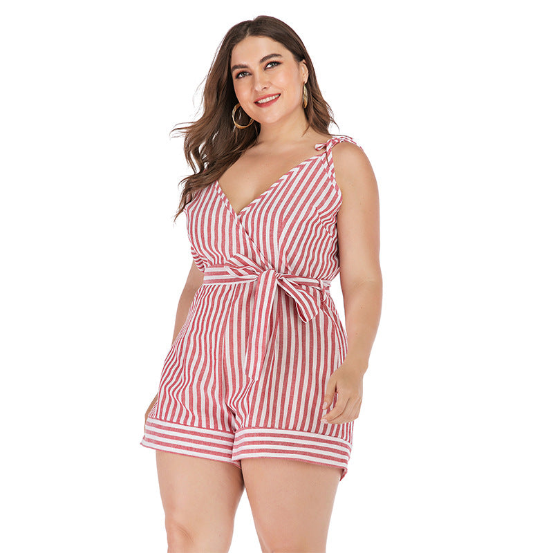 Plus Size Women Clothing Summer Fresh Sweet Jumpsuit Women Printed Red White Striped Spaghetti Straps Suit